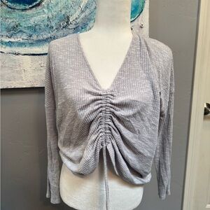 Lulu's Light Gray Ruched V-Neck Blouse